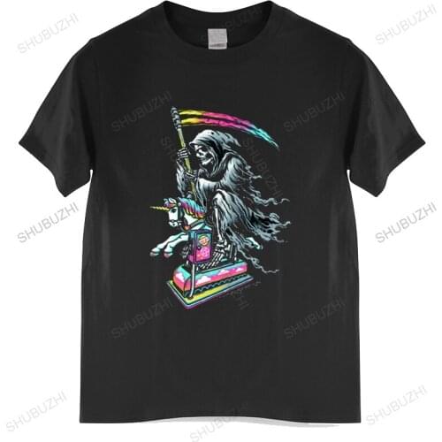 Death Enjoying Life T Shirt Coin Operated Ride Grim Reaper Riding Unicorn Funny EU Size Mashup Summer Short Sleeves