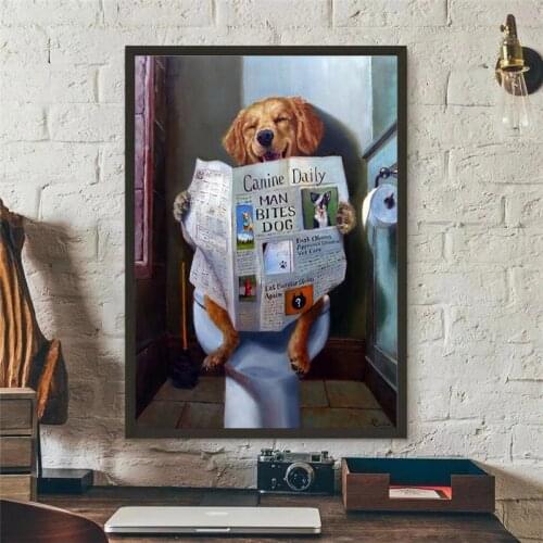 Smiling Dog Reading Newspaper Funny Animal Oil Painting Canvas Wall Art Posters and Print Pictures Bathroom Toilet Decoration