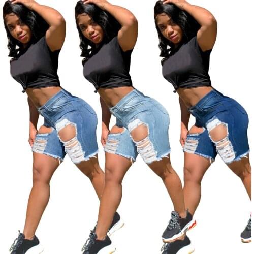 Summer Womens Knee Length Shorts Sexy Hollow Out Ripped High Waist Tassel Denim Shorts Jeans