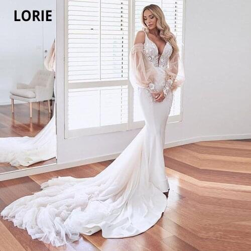 LORIE 2020 Popular Puffy Long Sleeve V-neck Mermaid Wedding Dresses Lace Appliques Open Back Bridal Gowns Court Train Plus Size