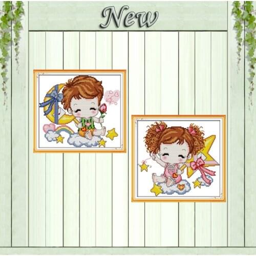 Star baby girl angel moon boy decor painting counted printed on canvas DMC 11CT 14CT Cross Stitch kits embroidery needlework Set