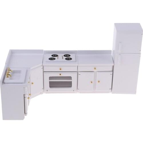 Dollhouse Kitchen Stove Cabinet Set & Fridge, 1:12 Scale Wooden Dolls House Furniture and Accessories