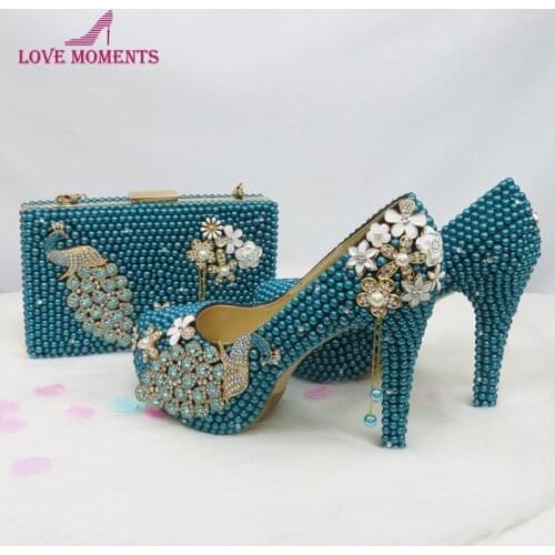 2020 New Teal Blue Pearl Wedding Shoes 11cm High Heel Platform Handmade Gorgeous Prom Pumps with Matching Purse Plus Size 12