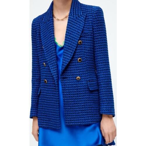 ZA early autumn new womens lapel long-sleeved loose and thin texture double-breasted pocket casual suit jacket