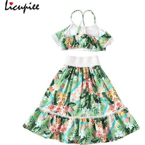 1-6 Years 2 Pieces Kids Suit Set, Girls Floral Print Sleeveless Spaghetti Strap Tops+ Long Skirt for Summer, Green