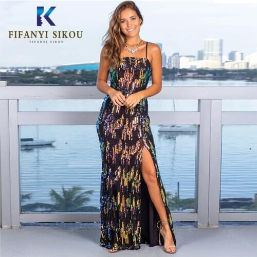 Sequins Sexy Dresses Women Split Sleeveless Summer Dress Fashion Spaghetti Strap Maxi Dress Female Elegant Slim Party Dress 2020