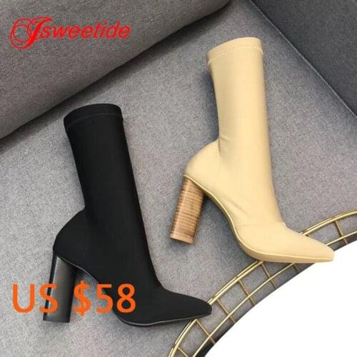 Womens Stretch Fabric Sexy Boots With Heels Top Quality Women Motorcycle Shoes Pointed Toe Western Women Booties Designer Boots