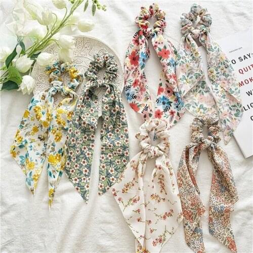 Chiffon Scrunchies Knot Bow Tie Ponytail Holder Lady Hair Accessories Printing Elastic Long Ribbon Band Pack Bandana Clips Band