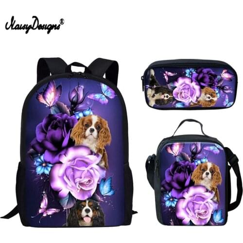 NOISYDESIGNS Cavalier King Charles Spaniel School Bag for Boys Kids Backpack Girls Bookbag Animal 3pcs/set Children Shoulder Bag