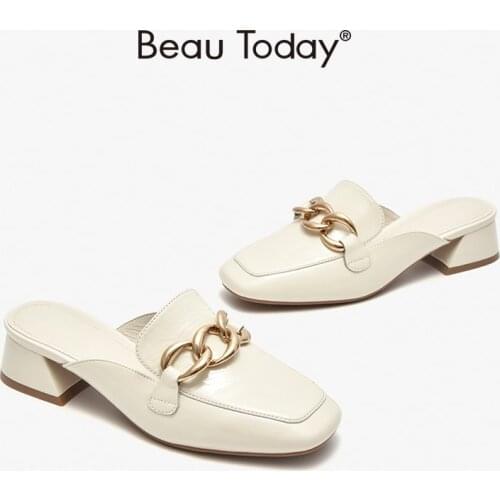 Mules Women Patent Leather Square Toe Metal Chain Slip On Ladies Summer Outdoor Flat Heel Thick Shoes Handmade BeauToday 35098