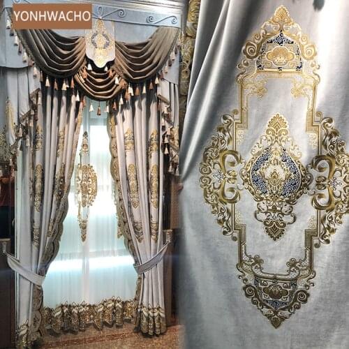 Custom curtain European palace luxury living room thick velvet royal grey cloth blackout curtain valance tulle panel C344