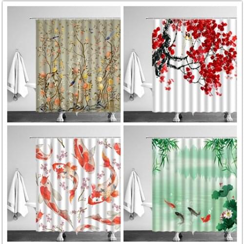 Chinese Style Shower Curtains Flower Bird Fish Bathroom Cloth Curtains Set Waterproof Polyester Home Bathtub Decor With Hooks