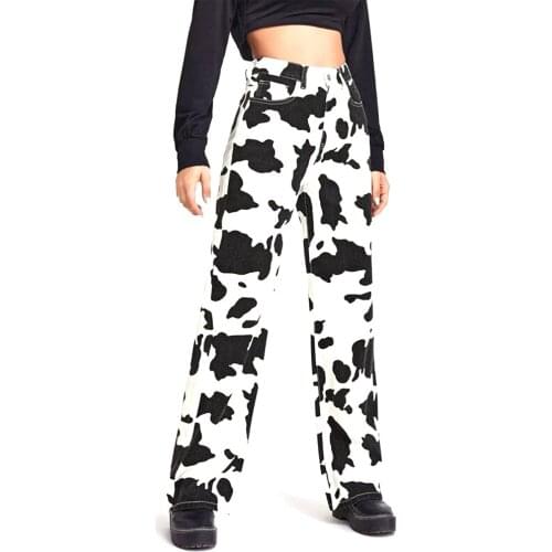 Women’s Jeans Fashion Cow Print High-waist Denim Pants Female Casual Trousers Wide-leg Jeans with Pocket Sweetwear 2021