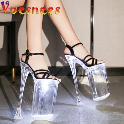 Womens Clear LED Lights Platform Open Toe Stilettos Super High Heel 26cm Shoes Crystal Heels Buckle Sandals Pole Dance Shoes