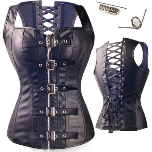 Plus size S-6XL Gothic Spiral Steel Bones Overbust Corset Vest Steampunk Faux Leather Waist Trainer Lace Up Korsett For Women