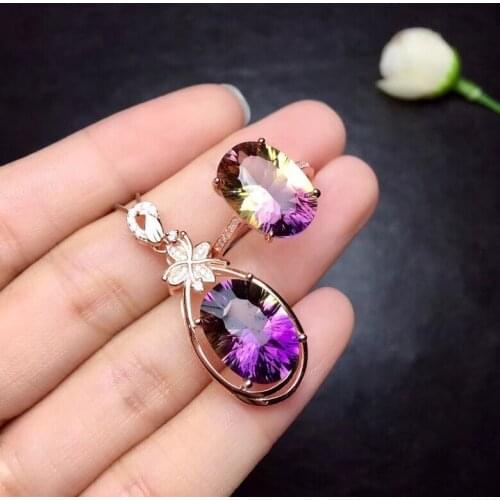 Beautiful purple yellow ametrine gemstone ring necklace jewelry set 925 silver big size natural gem women party birthday gift