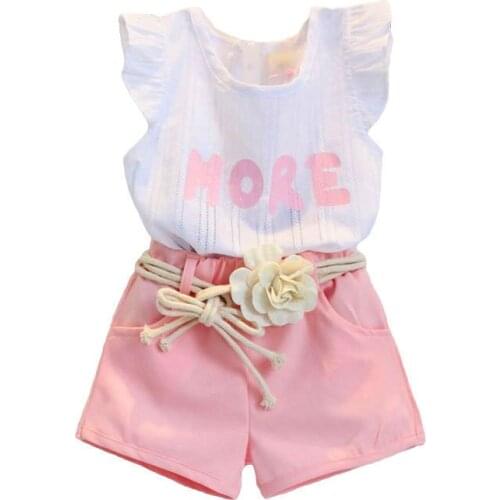 2021 girls suit summer fashion flying sleeve jacquard lotus leaf top + shorts two-piece flower belt sweet suit 2-6 years old