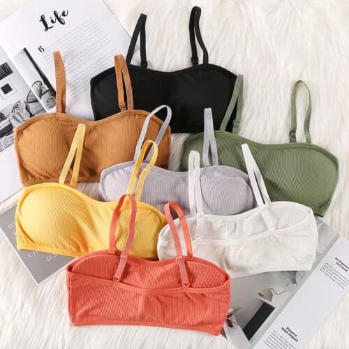 Female halter vest with thread wrapped chest without underwire girl vest with pure color halter with breast spread thin underwea