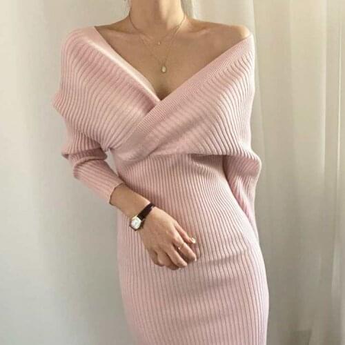 Cross V-neck Collect Waist Batwing Sleeve Slim Knitted Dress Sexy Package Hip Dresses for Women Vestido Feminino