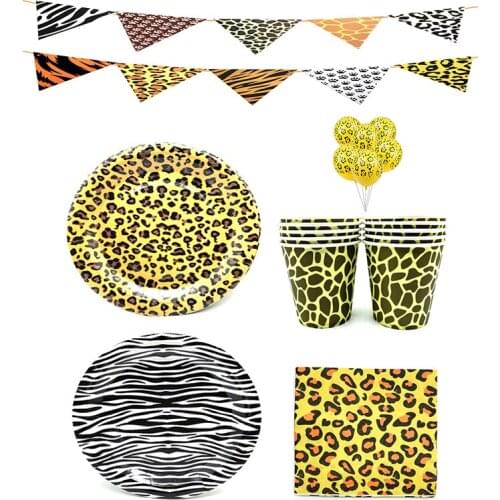 111Pcs Jungle Party Disposable Tableware Leopard Print Balloons Paper Plates Cups Fork Forest Animal Birthday Party Decorations