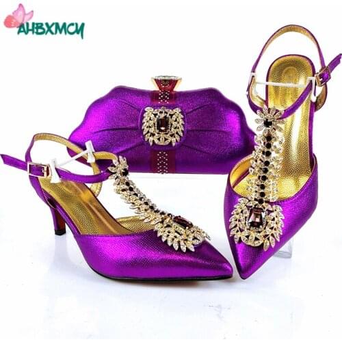 2021 Christamas Party New Design Italian Lady Shoes Matching Bag in Purple Color Slingbacks Sandals with Thin Heels for Party