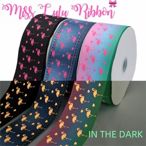 3"75mm Cartoon Flamingo Pink Ink Print Glow in the Dark Jeans Gradient Color Printed Grosgrain Ribbon DIY Hair Band 50yards/roll