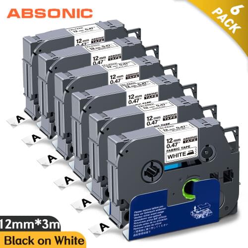 Absonic 6PK FA231 Compatible for Brother FA231 12mm Fabric Label Black on White for Brother PT-H110 PT-D210 PT-D600 Label Maker