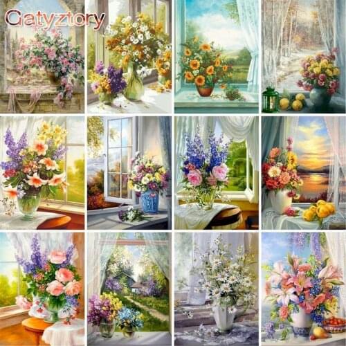 GATYZTORY Vase in front of the window DIY Painting By Numbers Flowers Colouring Zero Basis HandPainted Oil Painting Home Decor
