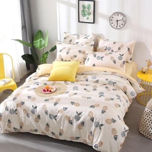 Pastoral Style Home Textile Reactive Printing Pineapple Quilt Set Washed Cotton Duvet Set+Flat Sheet+pillowcover-Bedroom Bedding