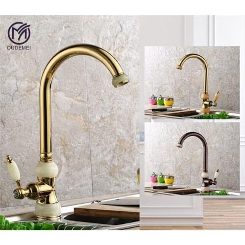 Brass Gold Deck Mounted Single Handle Sink Tap Mixer 360 Rotary Kitchen Faucet Water Mixer Tap Kitchen Accessories