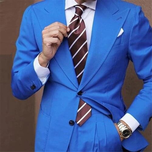 Blue Wide Lapel Men Suits Two Buttons Costume Homme Wedding Groom Tuxedos Prom Slim Fit Terno Masculino Blazer 2 Pc Jacket+Pants