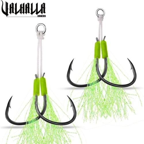 VALHALLA 100 Set Fishing Hooks 1/0-4/0# Jig Barbed Single Circle Carp Hook With Luminous Thread Feather Fly Fishinhooks Tackle