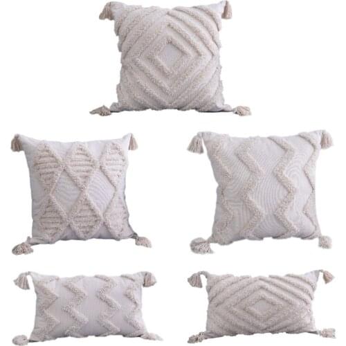 Boho Tufted Throw Pillow Cover with Handwoven Stripes Tassels Home Decor Handmade Pillowcase Sofa Living Room Decoration