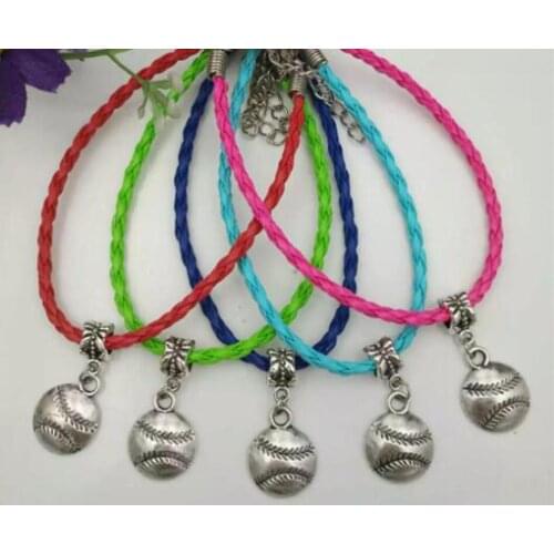 New 20pcs/lot Fast shipping Baseball / softball Charm Pendant Mixed Leather Cord Bracelet DIY Women Jewelry