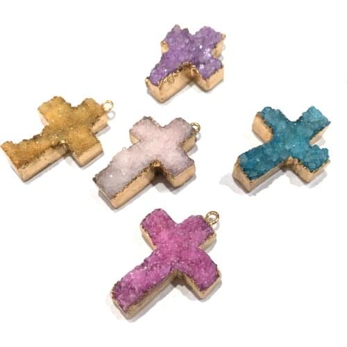 High Quality Natural Stone Quartz Agate Pendant Exquisite Cross Shape Temperament Charm for Jewelry Making DIY Necklace 23x35mm