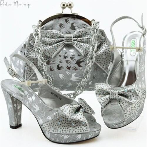 New Arrival Sliver Color Shoes and Bag Set for Party Italian Women Shoes and Bag Set In Italy Nigeria for Wedding