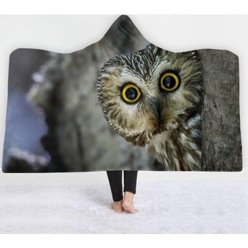 Owl Hooded Blanket Sherpa Fleece Wearable Midnight Owls Plush Throw Blanket on Bed Sofa