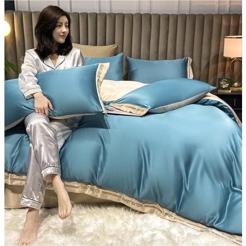 【Solid Color】Satin Silk Purple White Bedsheet Duvet Quilt Cover Bedding Set Pillow Case Single/Queen/King Size Home Hotel Use