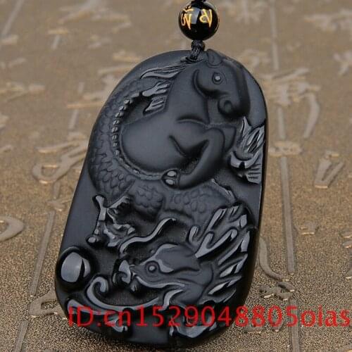 Natural Black Obsidian Beads Necklace Hand-Carved Dragon Horse Jade Pendant Charm Jewelry for Man Women Auspicious Amulet Gifts