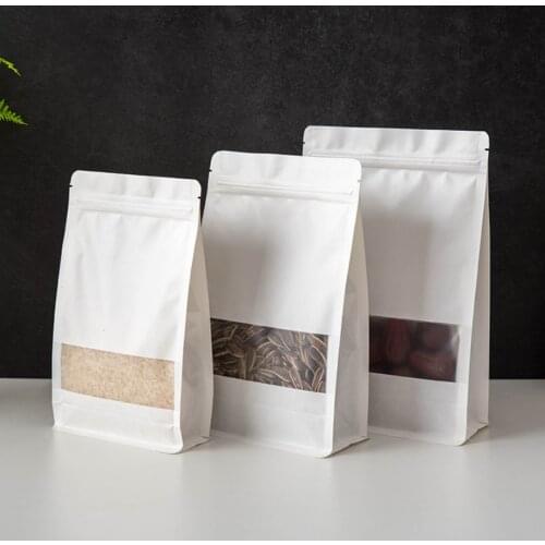 Tea Bag 50pcs White Kraft Paper Ziplock Stand Up Plastic Storage Packaging Bag with Clear Window for Food Coffee Herb Container