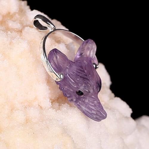 Natural Gemstone Amethyst Carved Wolf Head Pendant 925 sterling silver Necklace 24x17x8mm,5.0g