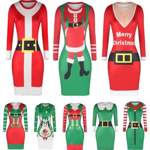 Santa Claus Christmas tight dress Costumes Women Long-sleeved Festival Night bar Fancy Cosplay tight Pack Hip Dresses