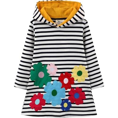 Flower Long sleeve Girls Dress Hoody Applique Autumn Spring Baby Girl Cotton Dress With Hoodies Striped Clothing
