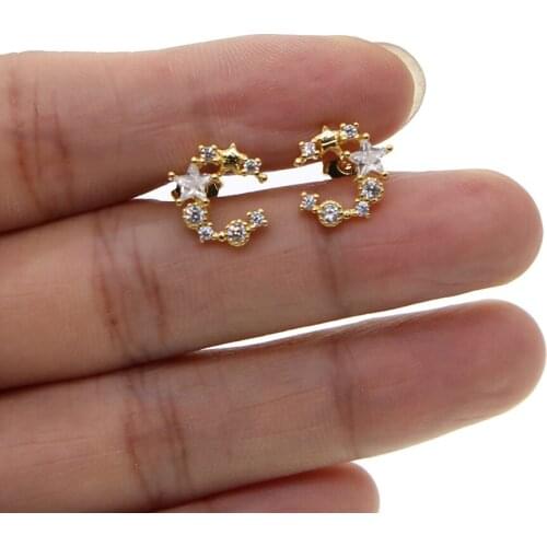 Moon and star stud earring for girl christmas gift gold filled AAA round star shaped cubic zirconia gorgeous girl earrings cheap