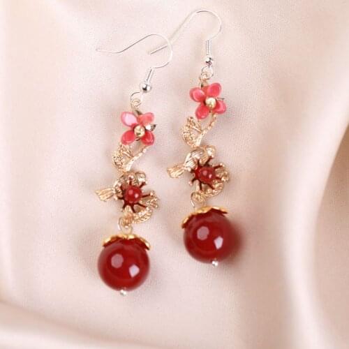 Chinese Style Red Agate Long Dangle Earrings Wedding Celebration Engagement Jewelry for Female Gift Luxury