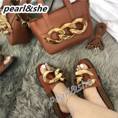 Chain Slippers With Handbags Sets Womens Sandals Printed Shoes And Bags Luxury Woman Cork Slides And Purse босоножки женские
