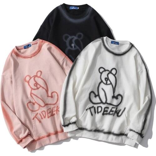 Graffiti Bear Print Tie Dye Sweatshirts Unisex Streetwear Hip Hop Harajuku Fashion Casual Warm Fleece Pullovers Hoodies Tops Men