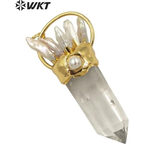 WT-P1625 Amazing Natural real gold plated Spirit Quartz pendant women big chunky crystal pearl point stone pendant