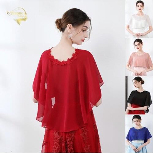 Summer Chiffon Women Bridal Boleros Capes Lace Appliqued Wedding Formal Jackets Shawls Short Front Long Back Evening Wrap Cloak