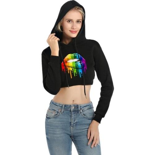 2021 New Spring Autumn Women Cropped Hoodie Solid Print Loose Sweatshirts Female Sexy Long Sleeve Navel Hooded Pullover Tops